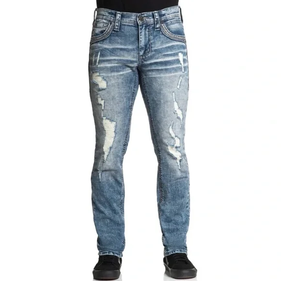 Affliction Men's Denim Jeans Gage Peak Groves Embroidered Blue $135 - Picture 2 of 9